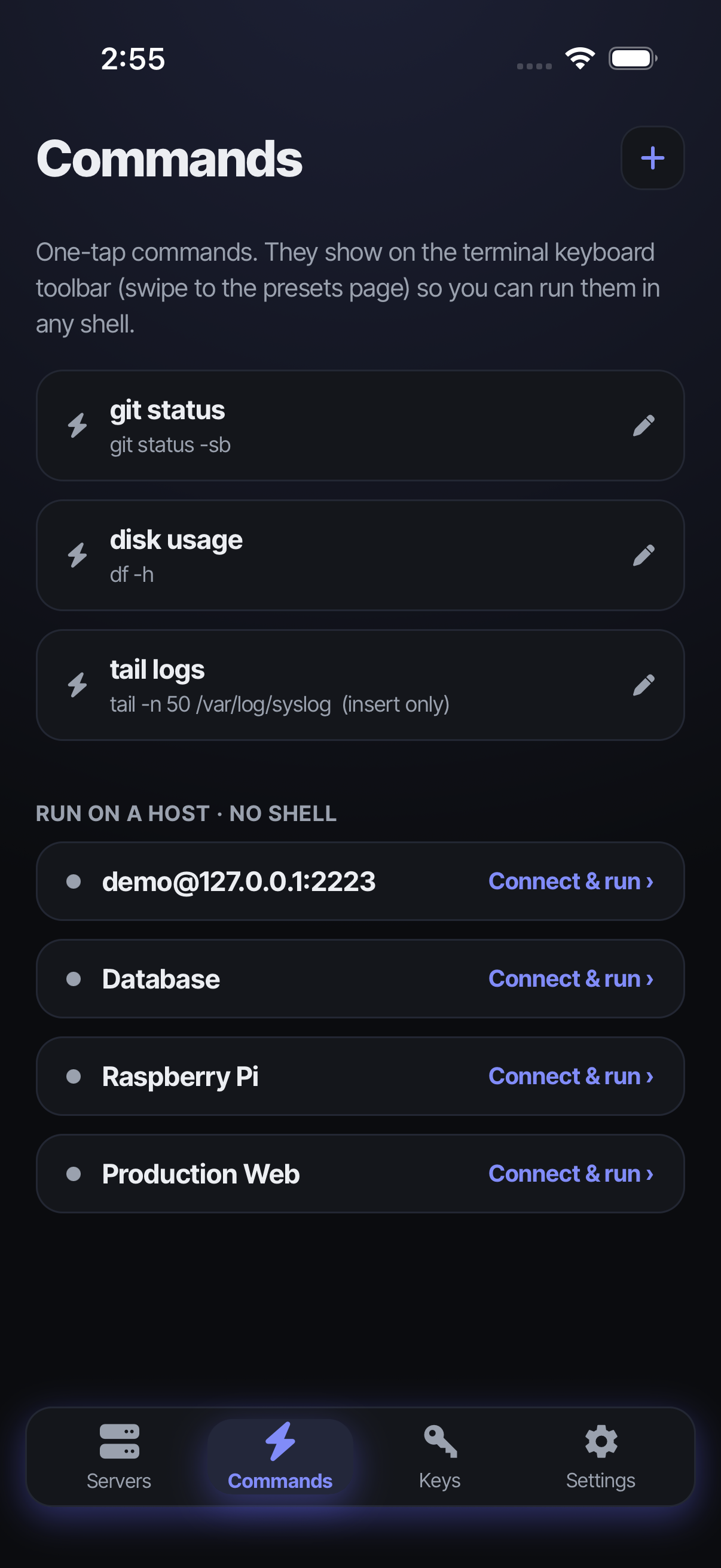 Commands tab — one-tap command presets