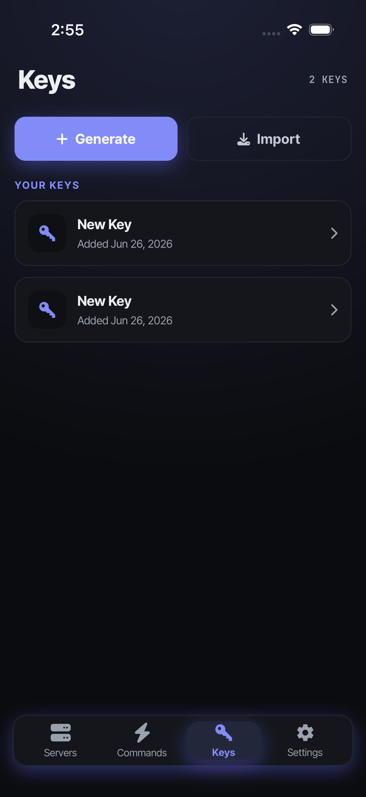 Keys tab — generate or import SSH keys